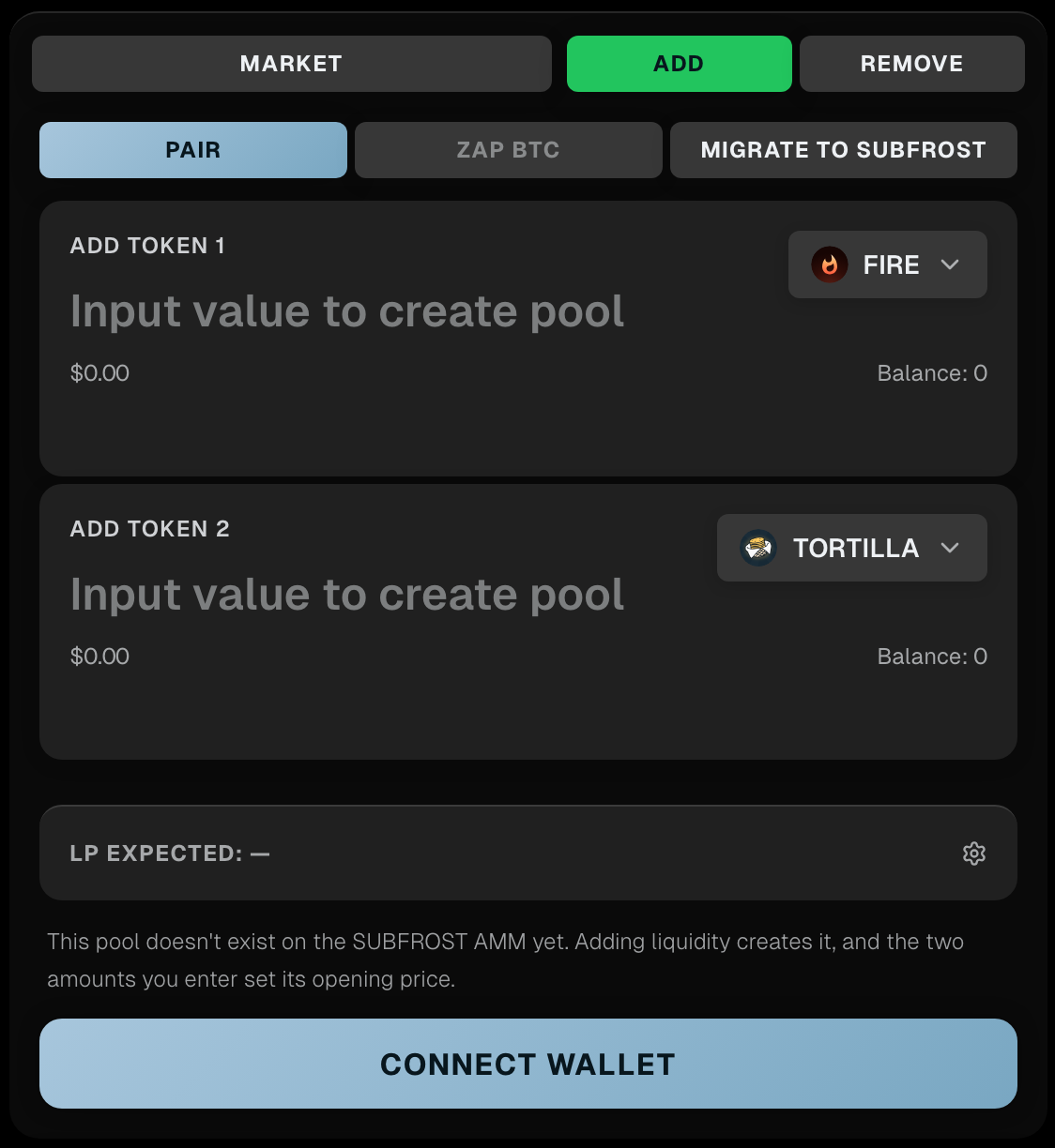 Adding liquidity to a pair with no pool yet: the first deposit creates the pool and sets its opening price