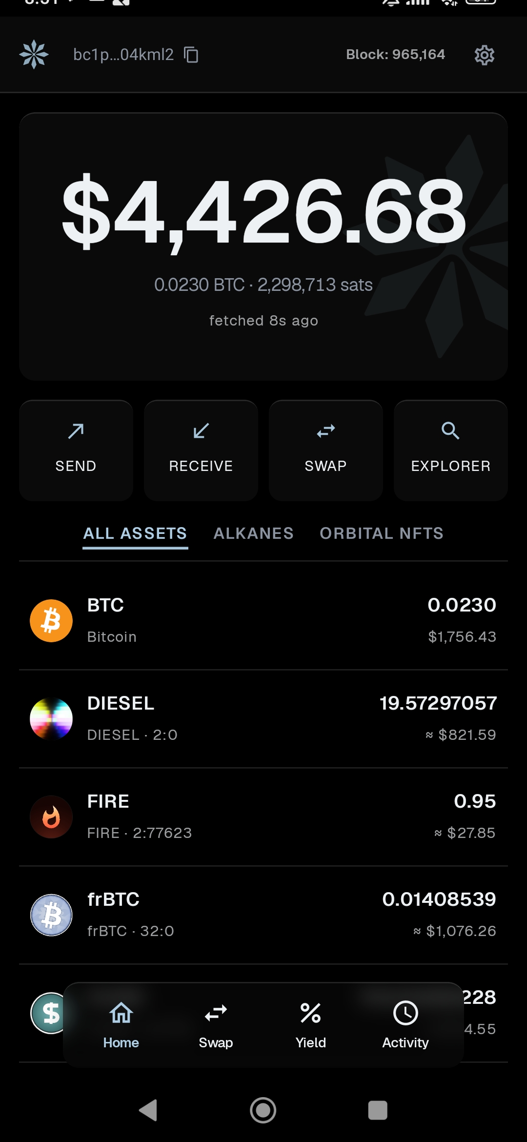 The wallet: BTC, DIESEL, FIRE and frBTC in one list, with the live block height in the header