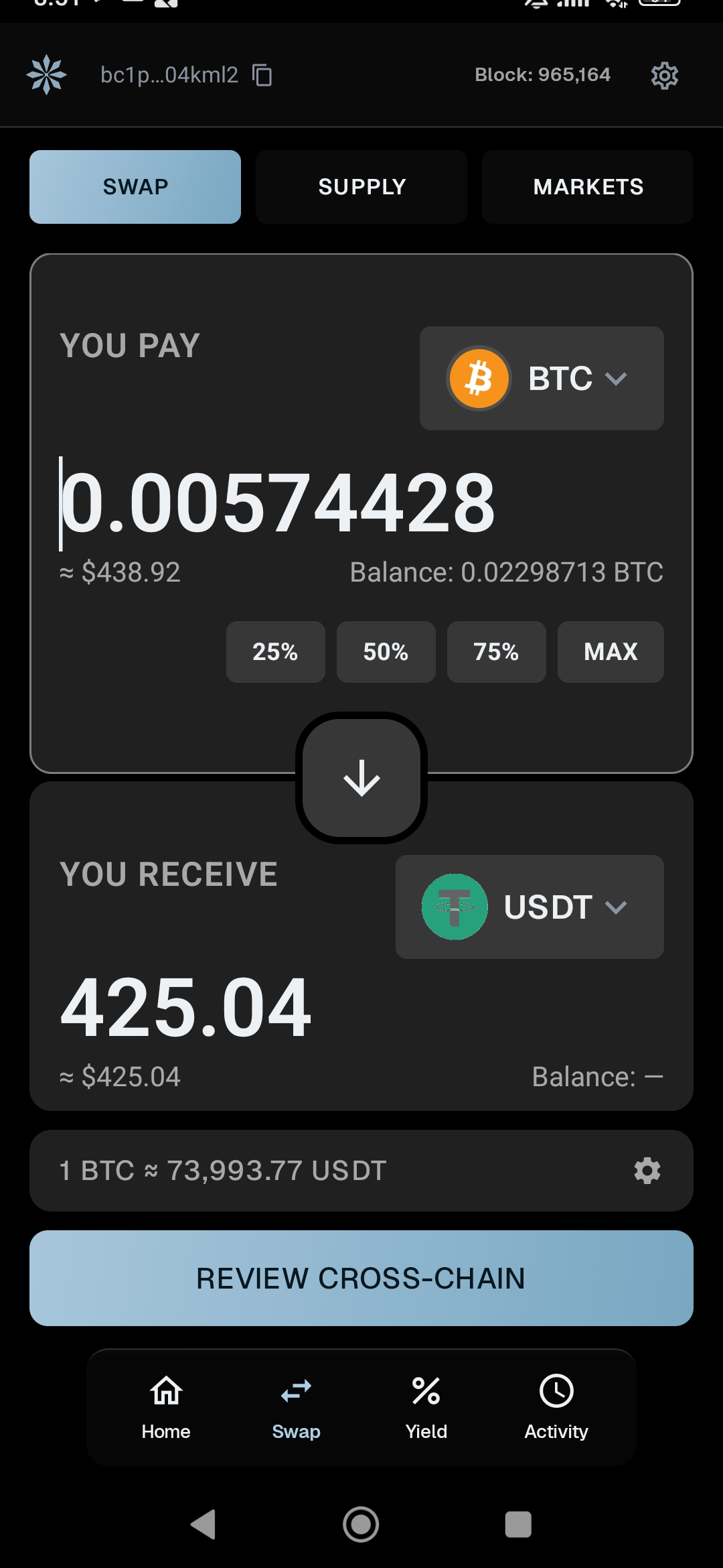Swapping BTC for USDT: the rate, the balance on each side, and the quote before you commit