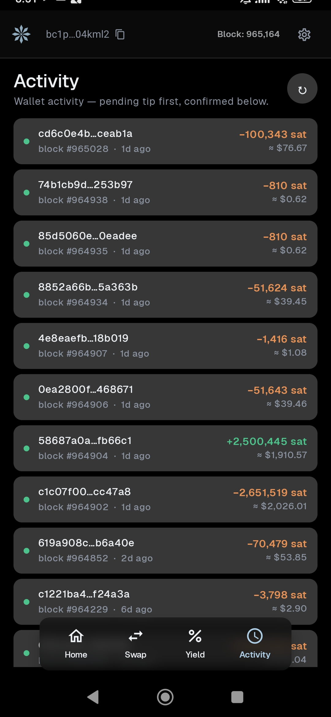Activity: every transaction with its block, its net movement, and its fiat value