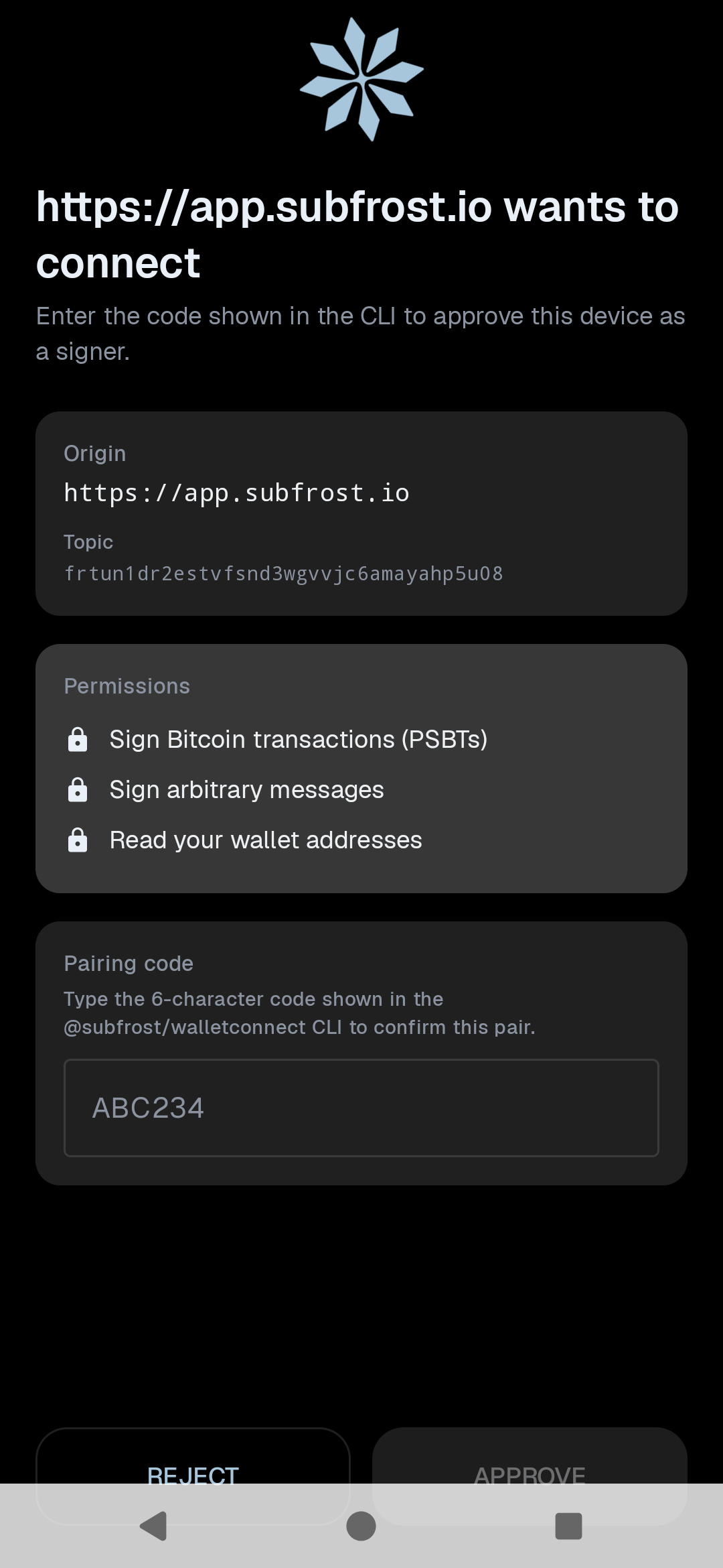 Approving a pairing: the origin, the topic, exactly what the site may do, and the code you have to type