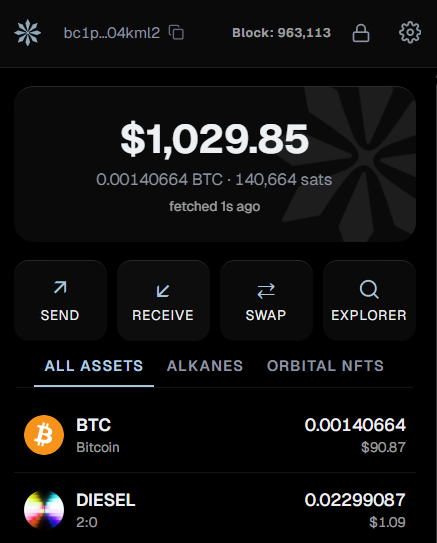 Extension wallet: BTC and every Alkane in one list, with live block height in the header