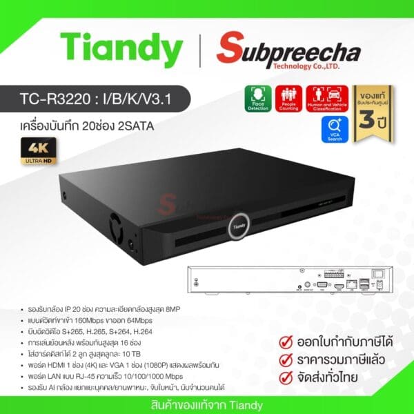 TC-R3220 Spec:I/B/K/V3.1 / Tiandy เครื่องบันทึก NVR 20ch (2SATA)