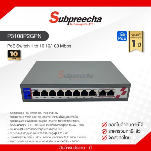 P3108P2GPN / PoE Switch 1 to 10 10/100 Mbps