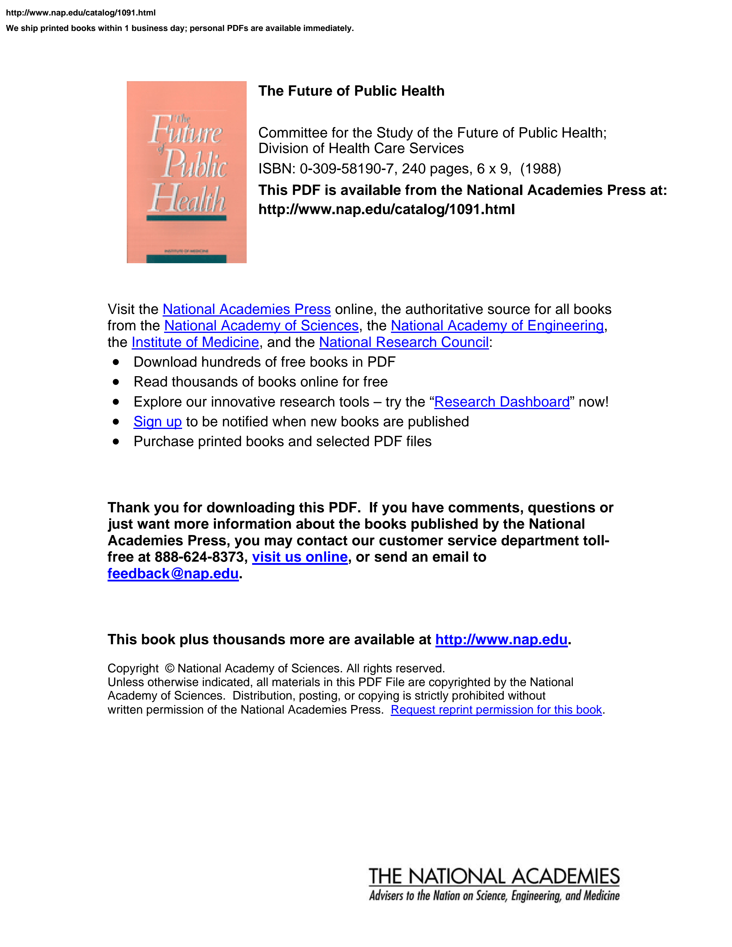 Cover of The Future of Public Health