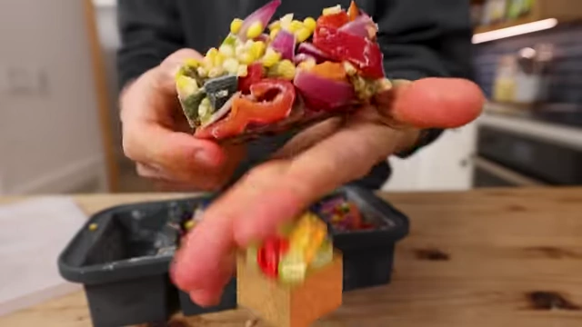 A frozen cube of colorful Fajita Veggies