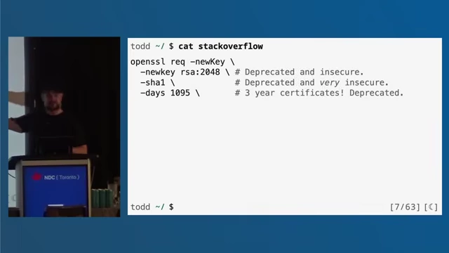 Legacy StackOverflow OpenSSL commands advocating deprecated configurations like SHA-1 and multi-year lifetimes