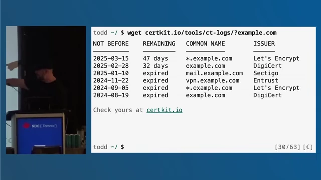 An example of a Certificate Transparency log lookup tool, allowing public enumeration of every certificate issued for a domain