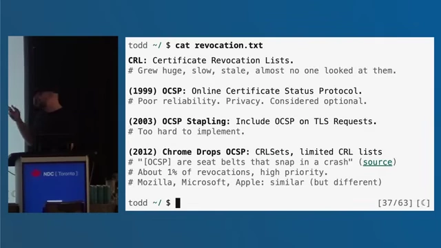 The history and limitations of different certificate revocation methods (CRL, OCSP, OCSP Stapling, CRLSets)