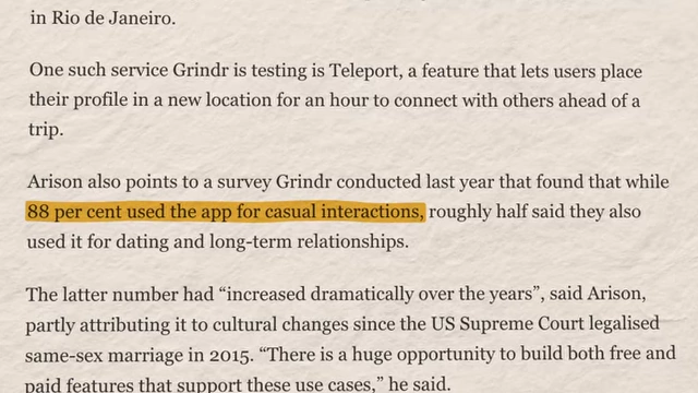 An article stating that 88% of Grindr users engage for casual interactions