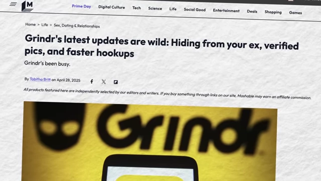 An article headline highlighting Grindr's latest updates, including private album sharing and faster hookups