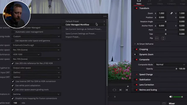 DaVinci Resolve Project Settings showing how to save the current color management settings as a preset