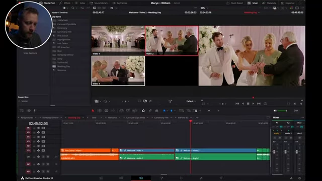 The multicam viewer in DaVinci Resolve displaying multiple synchronized camera angles for easy switching during editing