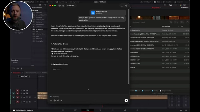 ChatGPT analyzing an exported speech transcript and providing a list of best quotes, including speaker and timestamp, for a wedding film