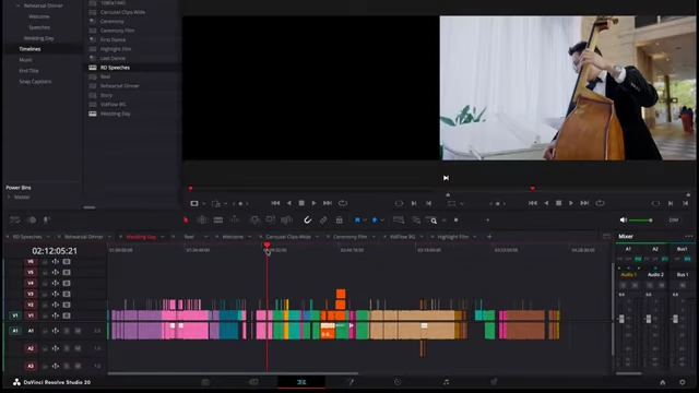 A DaVinci Resolve timeline showcasing various clips organized by different colors, indicating distinct segments of the wedding day