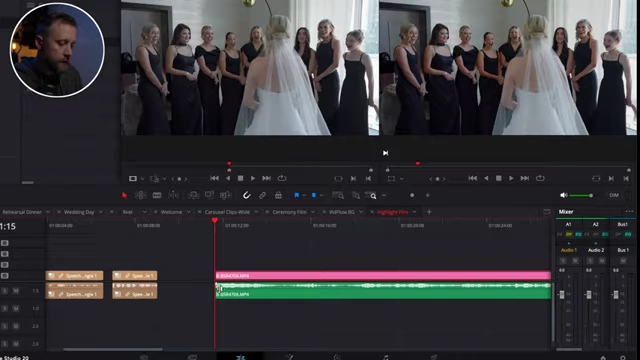 The DaVinci Resolve Source Viewer showing the audio waveform, ready to be pulled into the timeline after using the Match Frame function