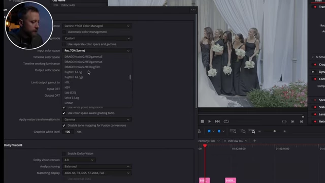 DaVinci Resolve Project Settings showing the selection of Input color space (S-Gamut3.Cine/S-Log3) in the Color Management section