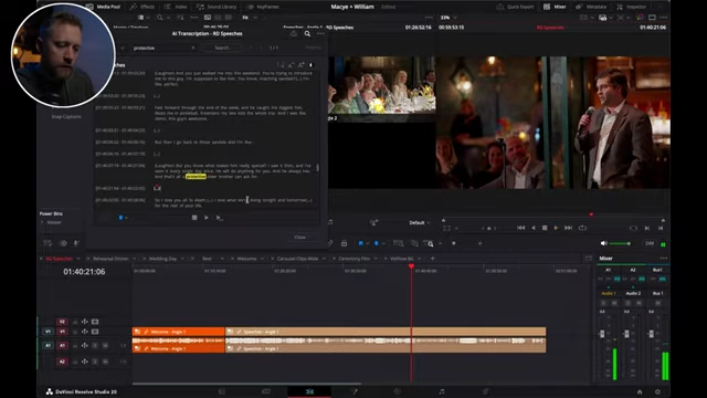 DaVinci Resolve showing the transcribed audio with a search term "protective" highlighted, automatically selecting the corresponding audio in the timeline