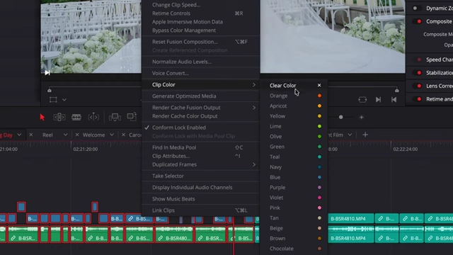DaVinci Resolve's right-click menu showing various Clip Color options for organizing footage on the timeline