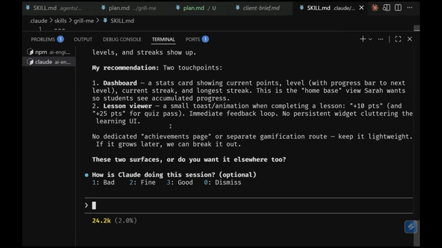 The AI's recommendation for the gamification UI, suggesting dashboard and lesson viewer touchpoints.