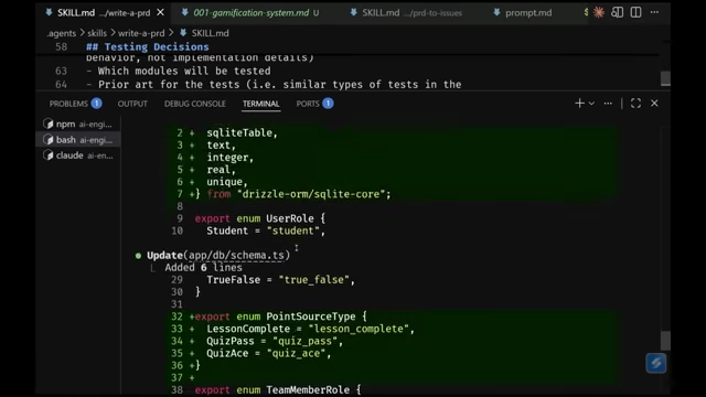 The AI agent making code changes in `db/schema.ts` to introduce new point source types for gamification.