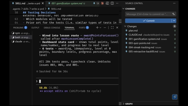 VS Code showing commit message and changed files after AFK agent run.