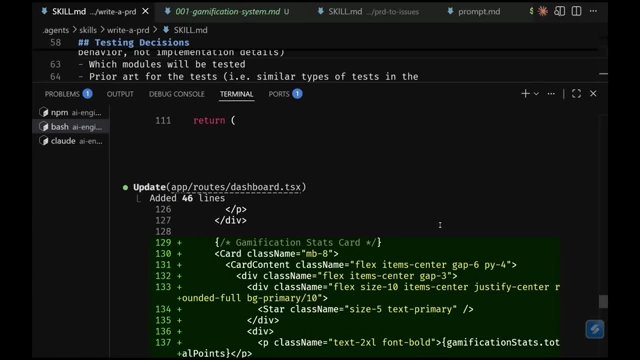 AI-generated code to add a "Gamification Stats Card" to the dashboard route (`app/routes/dashboard.tsx`).