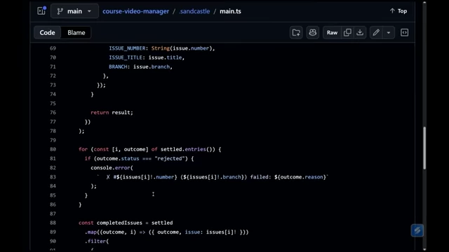 Example code from Sandcastle's `main.ts`, demonstrating the orchestration of a planner, implementers, and merger agents in parallel.