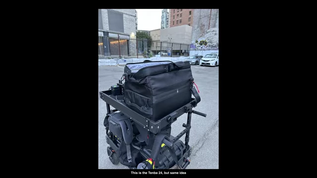 Tenba bag on a camera cart, serving as a junk drawer