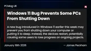 PCMag UK article on Windows 11 bug preventing PCs from shutting down
