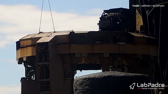 Demolition of the orbital launch mount at Starbase Pad 1, showing significant structural elements already removed.