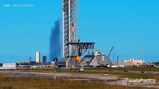 Water test of the deluge buckets at Pad 2, demonstrating the system's functionality.