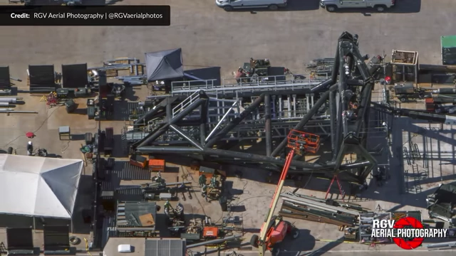 Overhead view of the ship quick disconnect arm for Tower 2, with swivel joints being installed onto the main hinge.