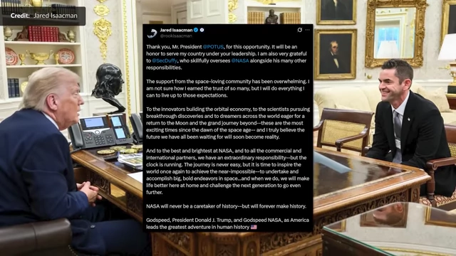 A tweet by Jared Isaacman confirming his re-nomination for NASA Administrator, with a background image of him meeting a former president.