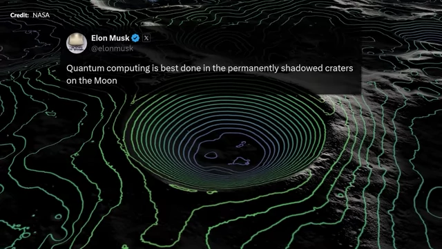 Elon Musk's tweet suggesting quantum computing is best performed in the permanently shadowed craters of the Moon due to super cold temperatures, with a contour map visual.
