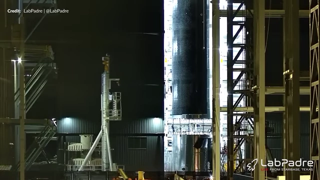 The stand used for the Version 3 radial tank head positioned in Megabay 1, likely for stacking Booster 18.