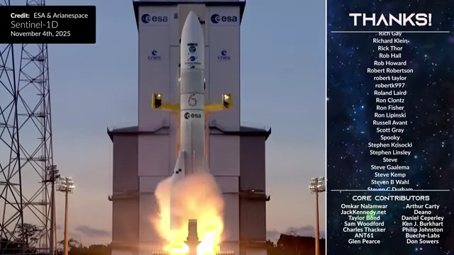 Ariane 6 launching for its fourth flight from French Guiana, deploying the Sentinel-1D satellite with a two-solid rocket motor configuration.