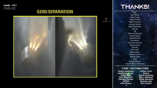 ISRO LVM3's S200 solid rocket motor separation during the launch of the CMS-03 communications satellite.