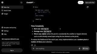 ChatGPT's quick sort implementation that uses the highest array value as a pivot, which is a suboptimal approach for performance-critical programming.