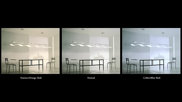 Comparison showing warmer, neutral, and colder color shifts in an interior scene.