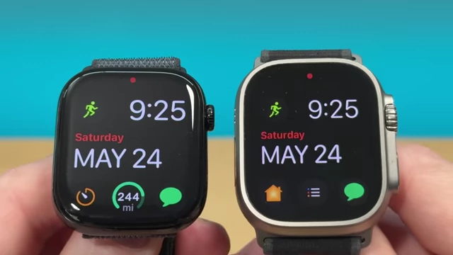 A side-by-side comparison of the Apple Watch Series 10 (left) and the Apple Watch Ultra (right), highlighting the Series 10's larger screen despite the Ultra's bigger case.