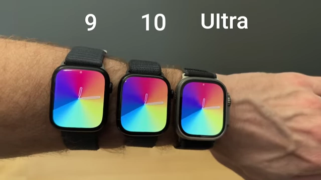 Apple Watch Series 9, 10, and Ultra side-by-side comparison showing relative sizes and thinness.