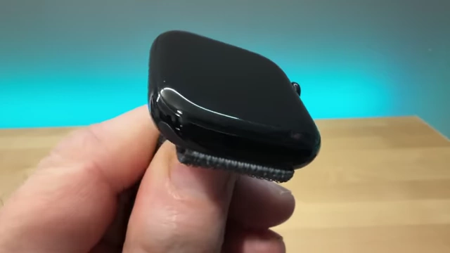 A close-up view of the Apple Watch Series 10 in jet glossy black finish, showcasing its sleek and reflective surface.