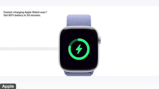 A visual representation of an Apple Watch displaying a green lightning bolt icon and battery percentage, indicating fast charging.