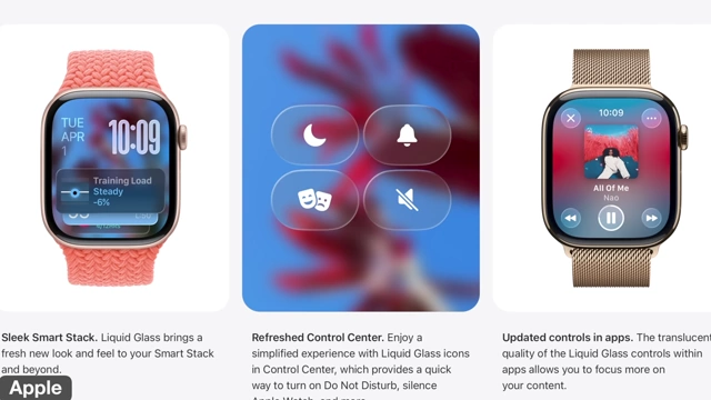 A series of Apple Watch screens showcasing the "Liquid Glass" UI, with redesigned Control Center icons and updated app controls featuring translucent backgrounds.