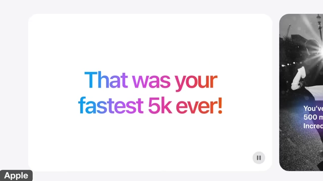 A promotional image for the Apple Watch Workout app, displaying motivational messages like "That was your fastest 5k ever!" and "You've just crossed 500 miles for the year. Incredible stuff!"