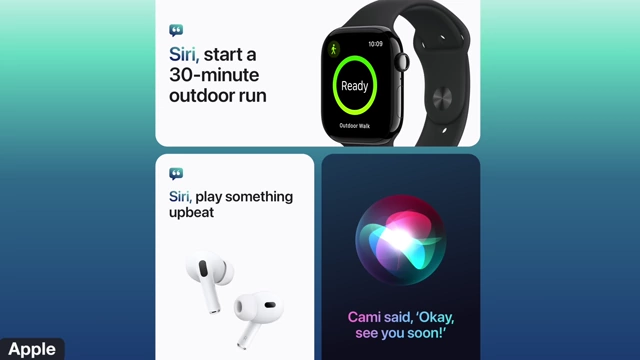 Examples of on-device Siri requests for the Apple Watch, such as "Siri, start a 30-minute outdoor run" and "Siri, play something upbeat."