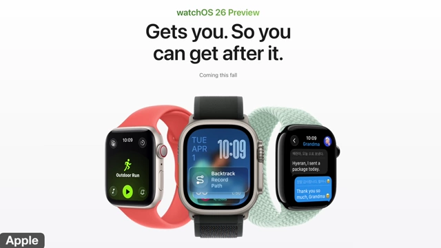 A preview of watchOS 26 showing various Apple Watch faces and UI elements.