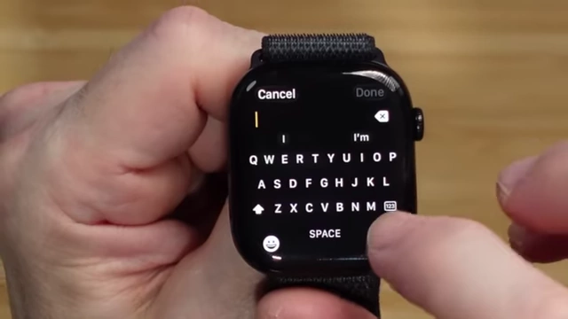 The keyboard input screen for the Apple Watch Notes app.