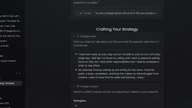 An example of Strategic Intent filled out in a digital note-taking template with an ideal day vision.